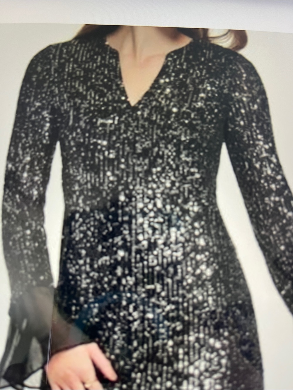 Calvin Klein Black Sequin V-Neck Mini Dress with Sheer Cuffs